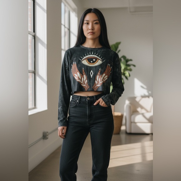 Kathmandu Imports Tops - Women's Black Crop Top with Graphic Eye & Hands